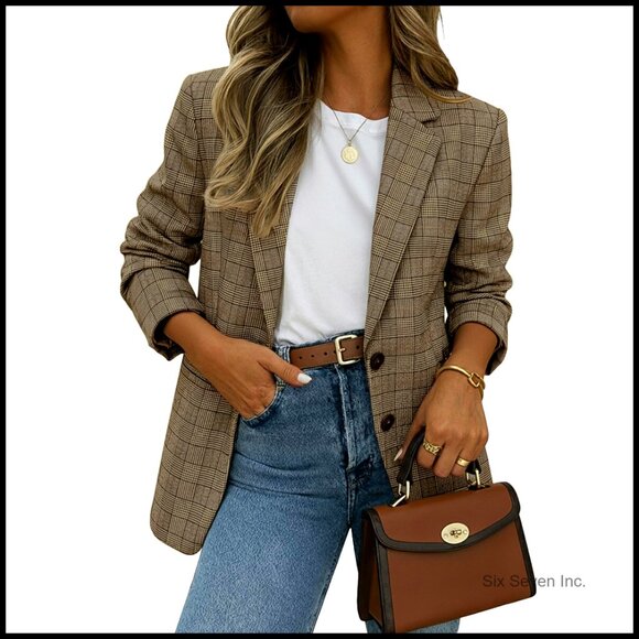 Jackets & Blazers - Polyester Blend Plaid Houndstooth Blazer Fully-Lined Loose Fit Work Office